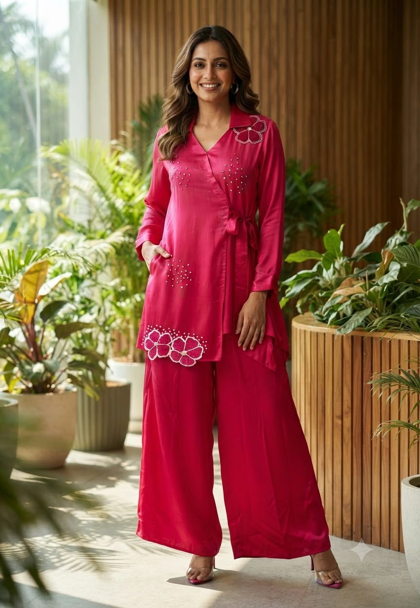Modal Satin Ombre Shade Stylish Side Knot Collar Style Sequin Scattered Co-Ord Set- 16636