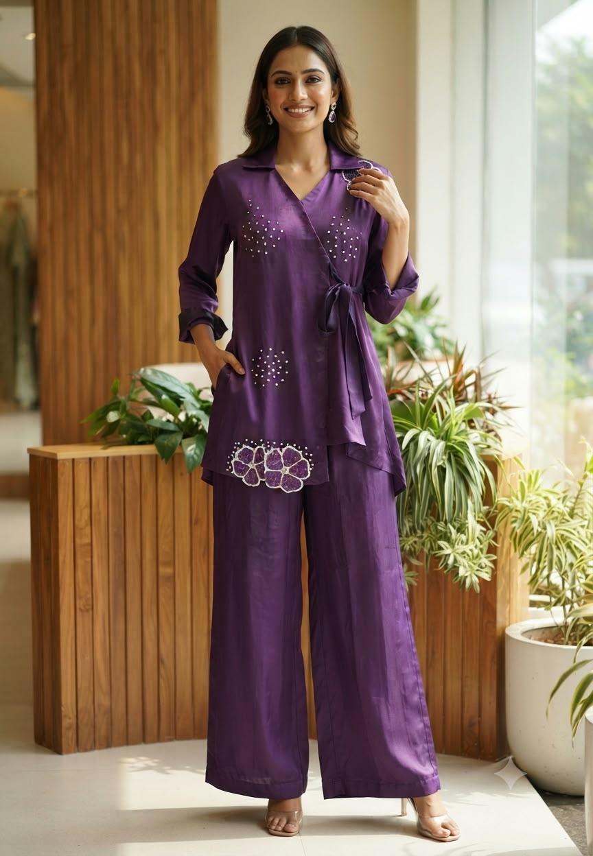 Modal Satin Ombre Shade Stylish Side Knot Collar Style Sequin Scattered Co-Ord Set- 16636
