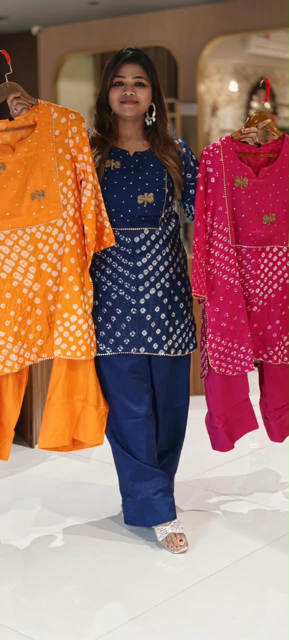Festive Elegance Bandhej Print Cut-Dana Highlights Vibrant Muslin Kurta With Farsi Bottom Set- 16679