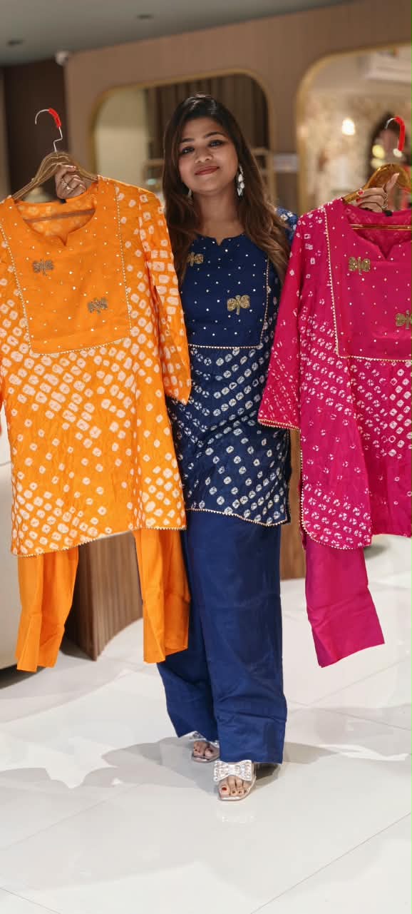 Festive Elegance Bandhej Print Cut-Dana Highlights Vibrant Muslin Kurta With Farsi Bottom Set- 16679