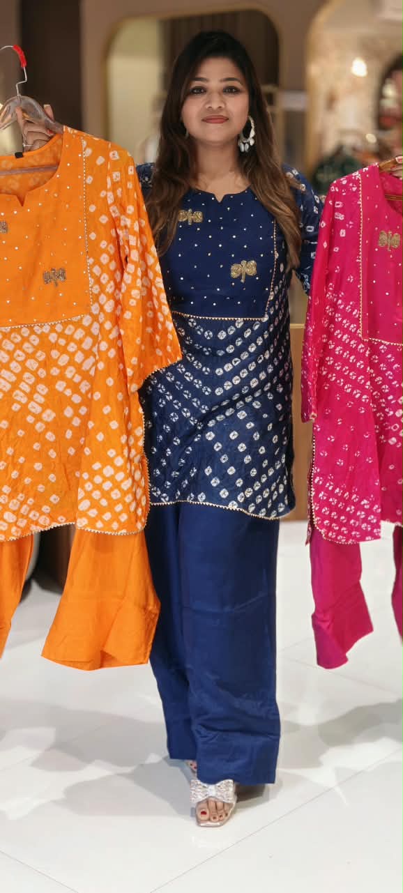 Festive Elegance Bandhej Print Cut-Dana Highlights Vibrant Muslin Kurta With Farsi Bottom Set- 16679