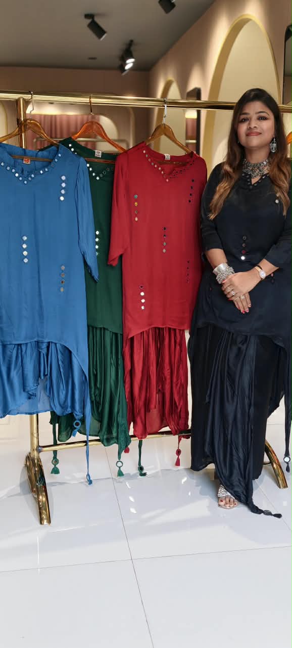 Real Mirror Solid Shade Gajji Silk Indo-Western High-Low Kurta with Dhoti Style Skirt- 16663