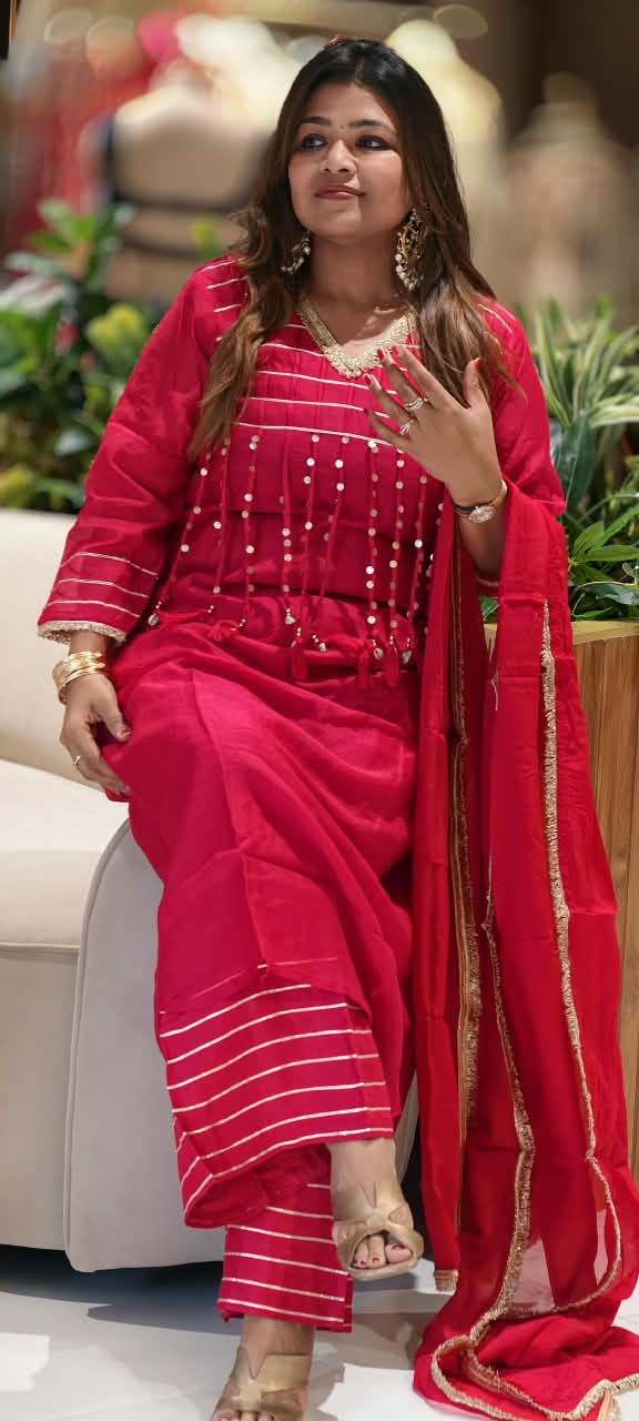 Pure Mulchanderi A-line Full Suit Set with Gota Patti Stripes & Tassel Detailing Front Design- 16660