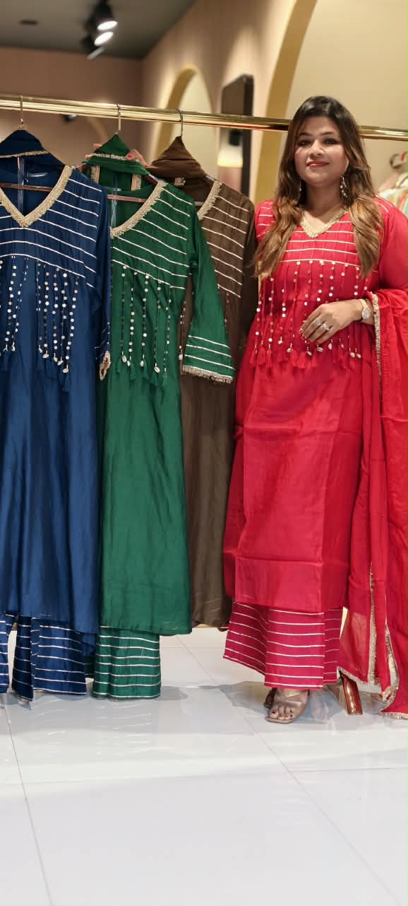 Pure Mulchanderi A-line Full Suit Set with Gota Patti Stripes & Tassel Detailing Front Design- 16660