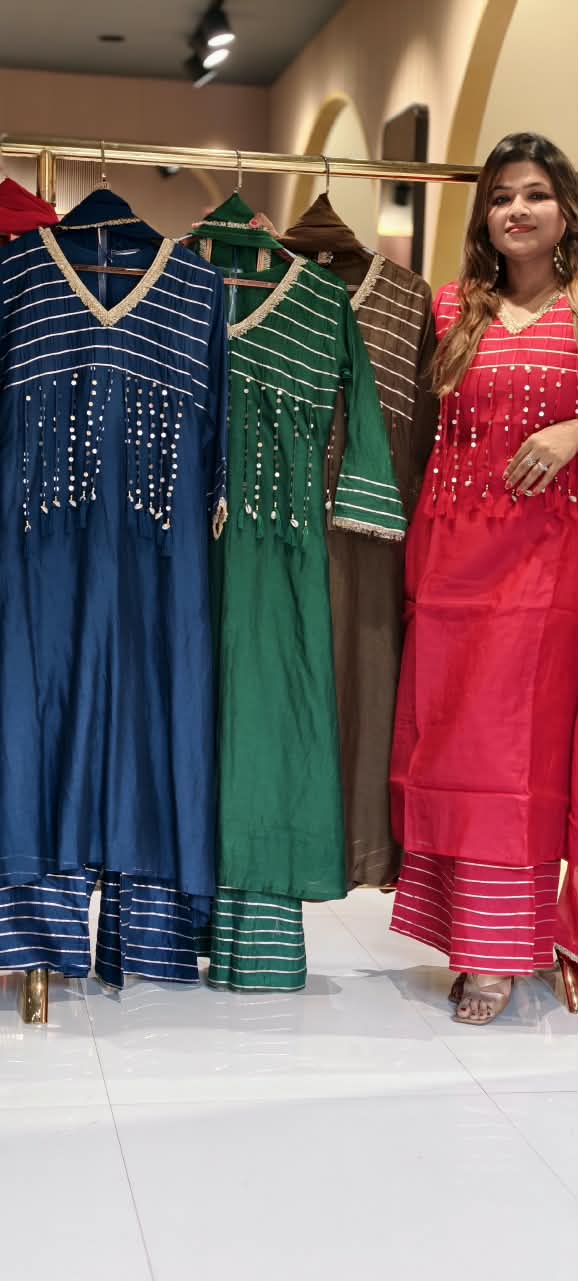 Pure Mulchanderi A-line Full Suit Set with Gota Patti Stripes & Tassel Detailing Front Design- 16660