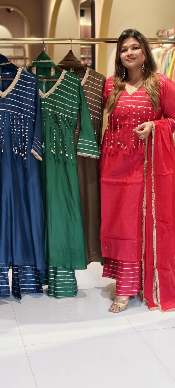 Pure Mulchanderi A-line Full Suit Set with Gota Patti Stripes & Tassel Detailing Front Design- 16660