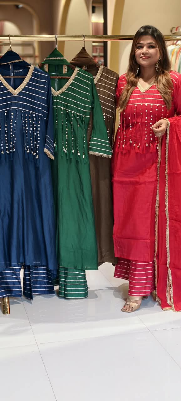 Pure Mulchanderi A-line Full Suit Set with Gota Patti Stripes & Tassel Detailing Front Design- 16660