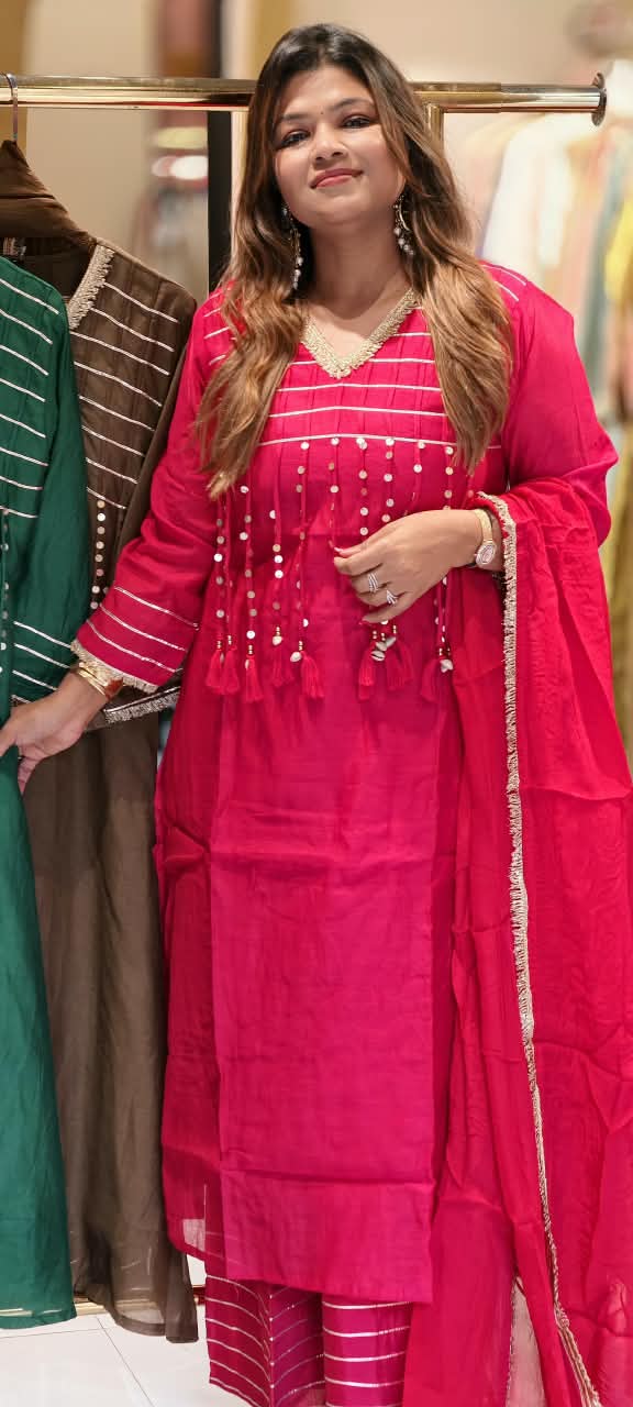 Pure Mulchanderi A-line Full Suit Set with Gota Patti Stripes & Tassel Detailing Front Design- 16660