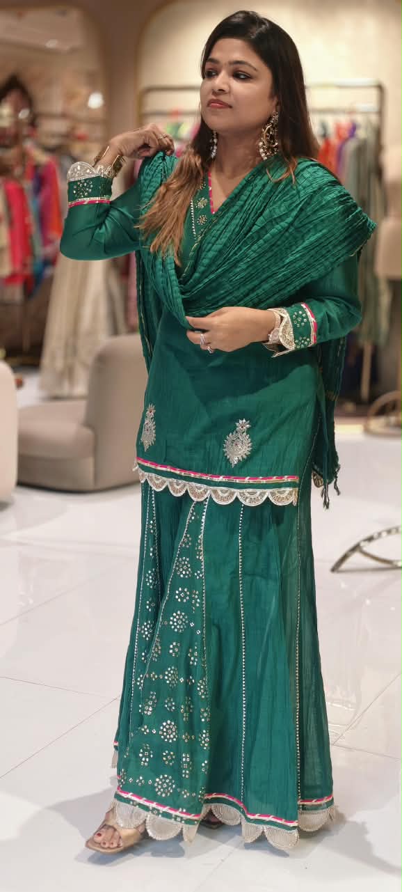 Pure Mul Chanderi Cut-Work Zardosi Embroidered Short Kurta with Flared Kali Panel Palazzo & Dupatta-16590