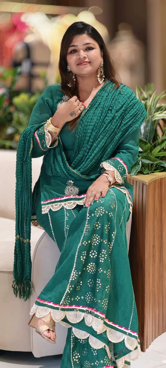 Pure Mul Chanderi Cut-Work Zardosi Embroidered Short Kurta with Flared Kali Panel Palazzo & Dupatta-16590