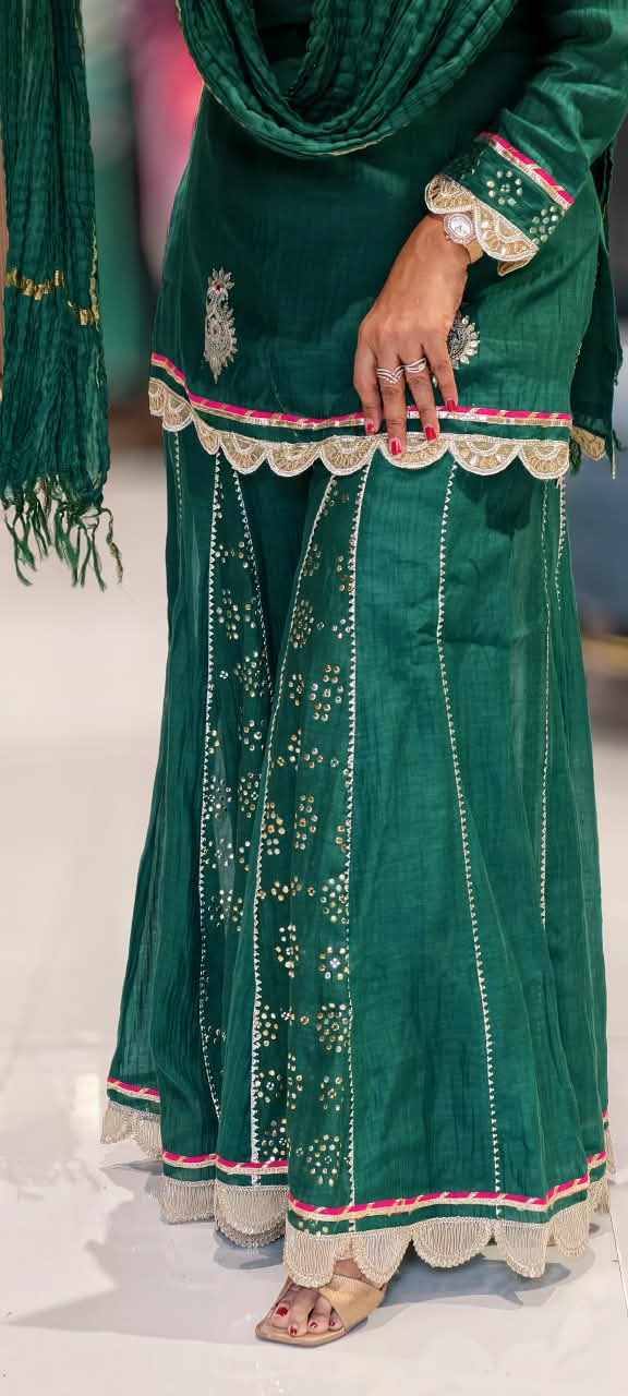 Pure Mul Chanderi Cut-Work Zardosi Embroidered Short Kurta with Flared Kali Panel Palazzo & Dupatta-16590