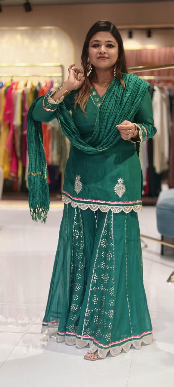 Pure Mul Chanderi Cut-Work Zardosi Embroidered Short Kurta with Flared Kali Panel Palazzo & Dupatta-16590