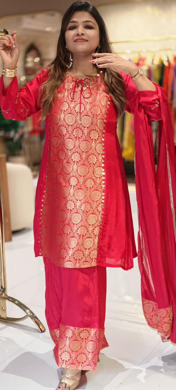 Designer Crepe Fabric Full Suit Set with Gold Brocade Yoke Panel and Traditional Palazzo Bottom Weaves- 16662