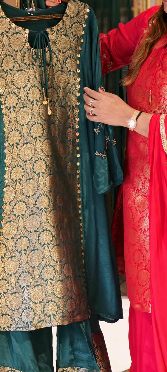 Designer Crepe Fabric Full Suit Set with Gold Brocade Yoke Panel and Traditional Palazzo Bottom Weaves- 16662