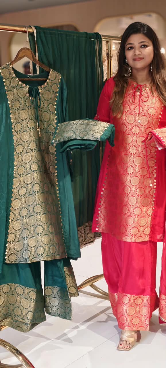 Designer Crepe Fabric Full Suit Set with Gold Brocade Yoke Panel and Traditional Palazzo Bottom Weaves- 16662