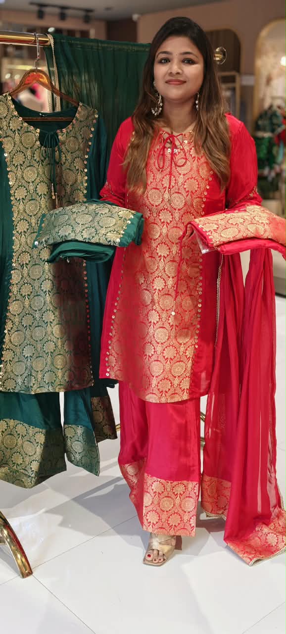 Designer Crepe Fabric Full Suit Set with Gold Brocade Yoke Panel and Traditional Palazzo Bottom Weaves- 16662