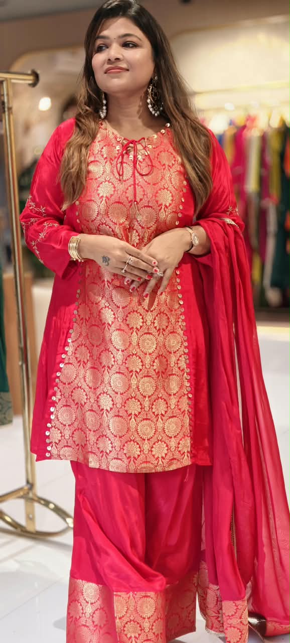 Designer Crepe Fabric Full Suit Set with Gold Brocade Yoke Panel and Traditional Palazzo Bottom Weaves- 16662