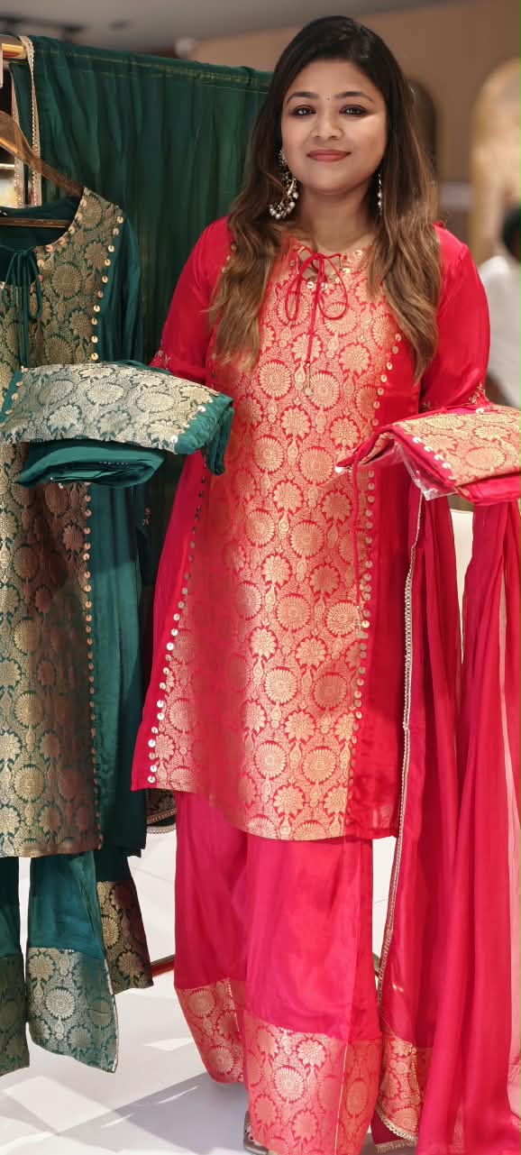 Designer Crepe Fabric Full Suit Set with Gold Brocade Yoke Panel and Traditional Palazzo Bottom Weaves- 16662