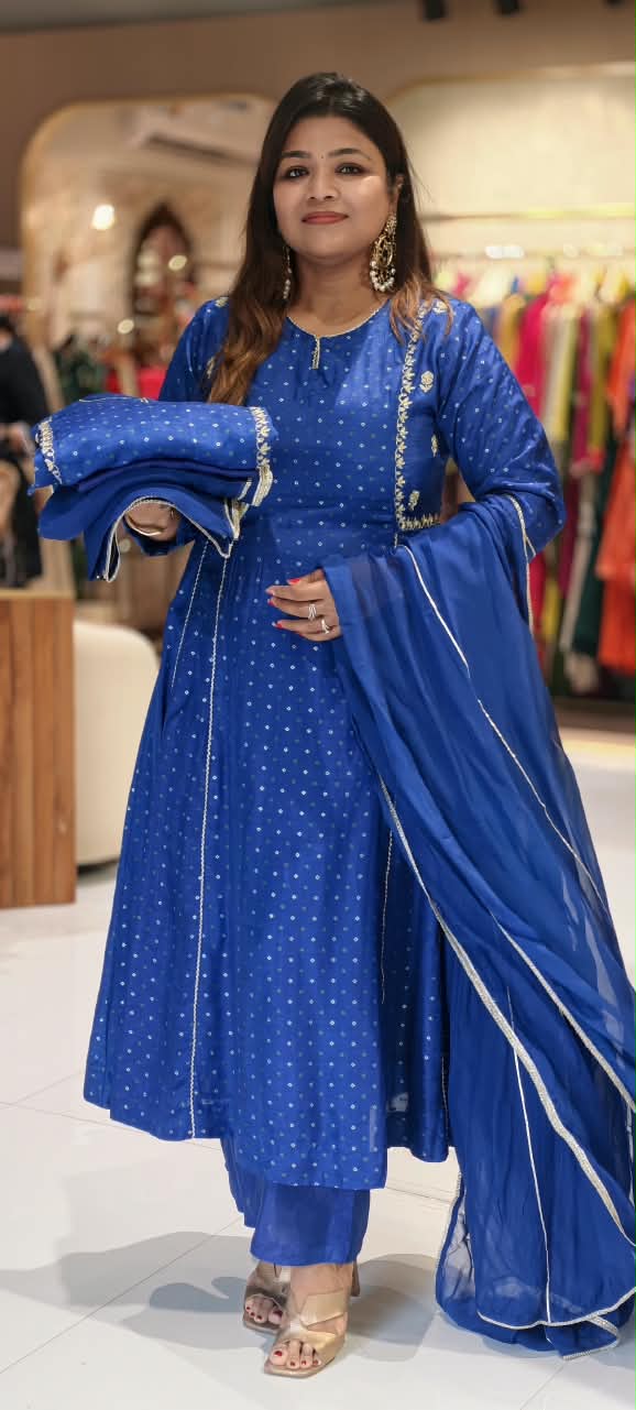 Electric Blue Russian Silk Bandhej Print With Elegant Minimal Motifs A-Line Full Suit Set With Dupatta- 16670