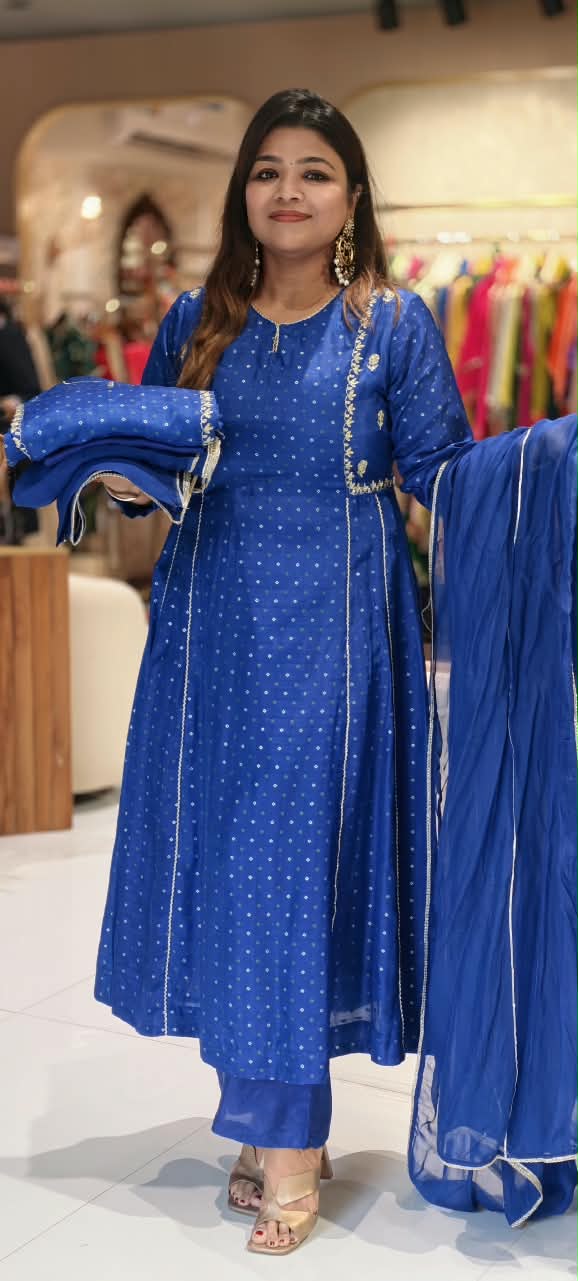 Electric Blue Russian Silk Bandhej Print With Elegant Minimal Motifs A-Line Full Suit Set With Dupatta- 16670