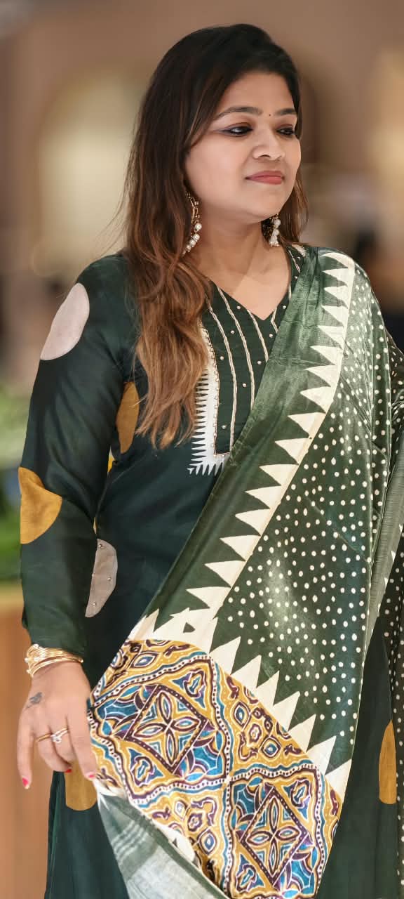 Dark Green Russian Silk Full Suit Set With Polka Dot Kurta, Plain Bottom & Gajji Silk Dupatta- 16598