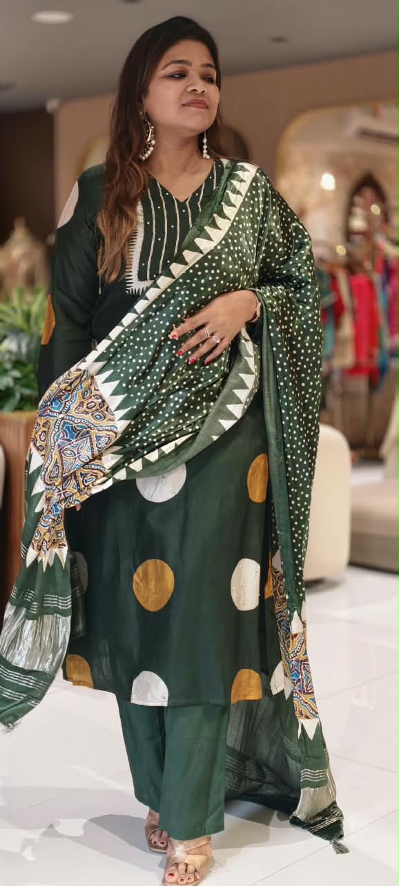 Dark Green Russian Silk Full Suit Set With Polka Dot Kurta, Plain Bottom & Gajji Silk Dupatta- 16598