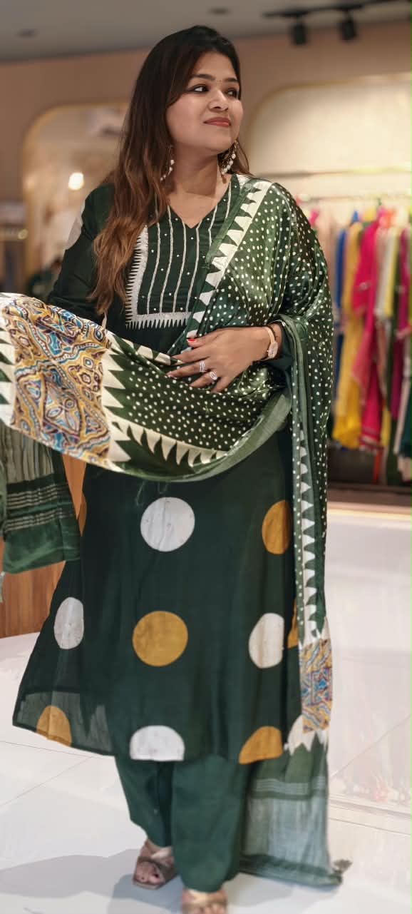 Dark Green Russian Silk Full Suit Set With Polka Dot Kurta, Plain Bottom & Gajji Silk Dupatta- 16598