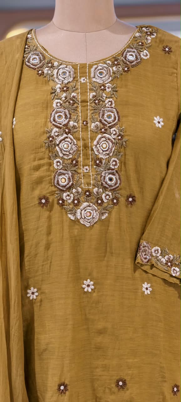 Floral Thread Embroidered with Mirror Work Surat Mul-Chandri Full Suit Set With Dupatta- 16678