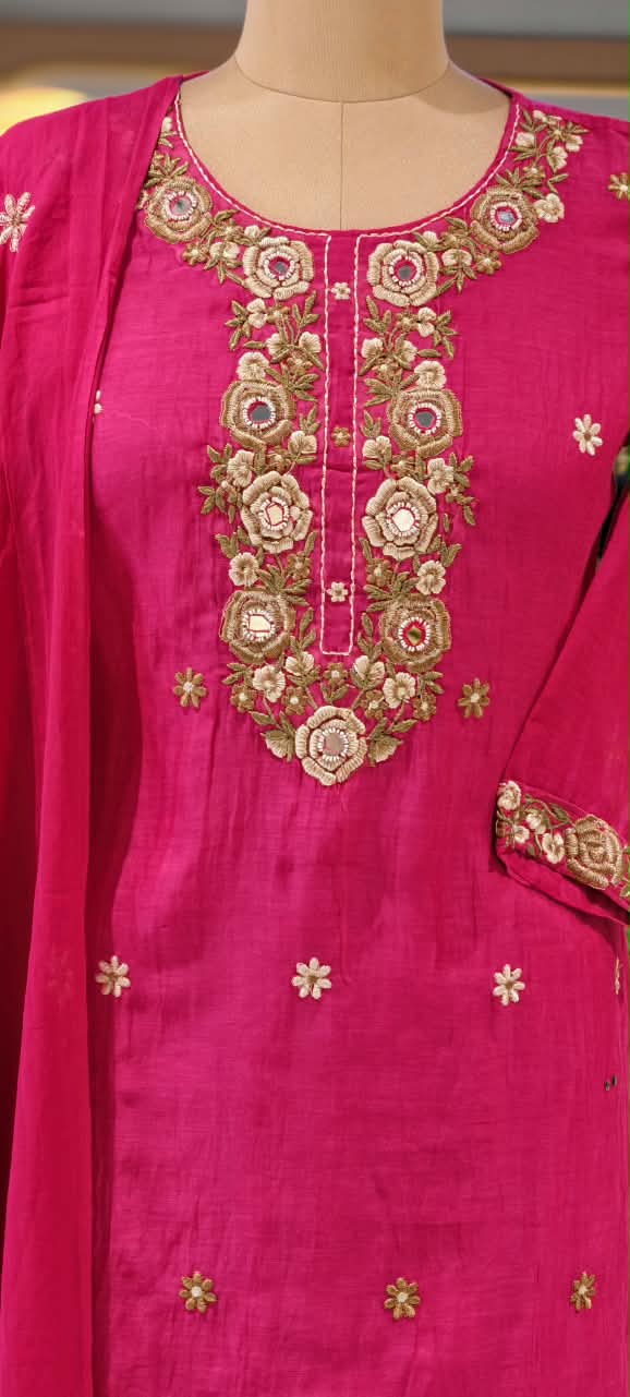 Floral Thread Embroidered with Mirror Work Surat Mul-Chandri Full Suit Set With Dupatta- 16678