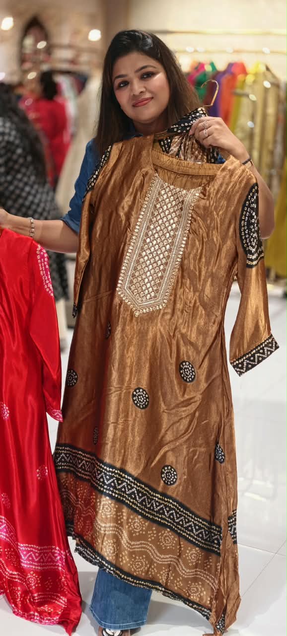 Pure Gajji Silk Bandhani Print Embroidered Neck Full Suit With Gajji Silk Dupatta and Bottom- 16685