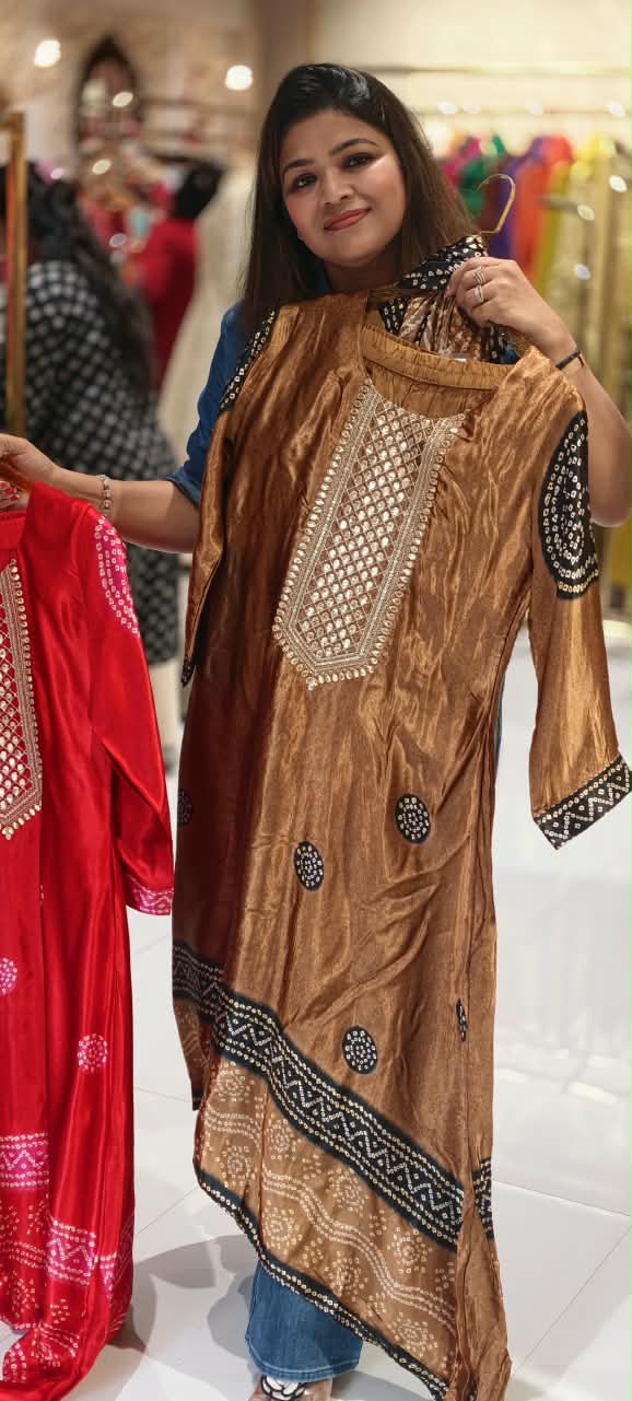 Pure Gajji Silk Bandhani Print Embroidered Neck Full Suit With Gajji Silk Dupatta and Bottom- 16685