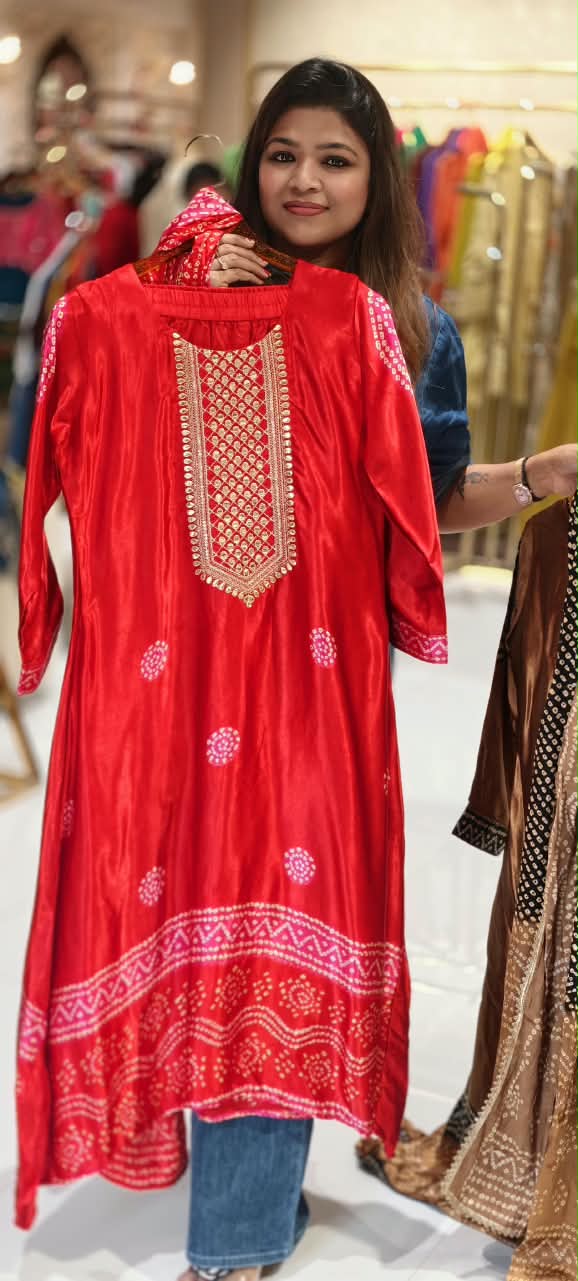 Pure Gajji Silk Bandhani Print Embroidered Neck Full Suit With Gajji Silk Dupatta and Bottom- 16685