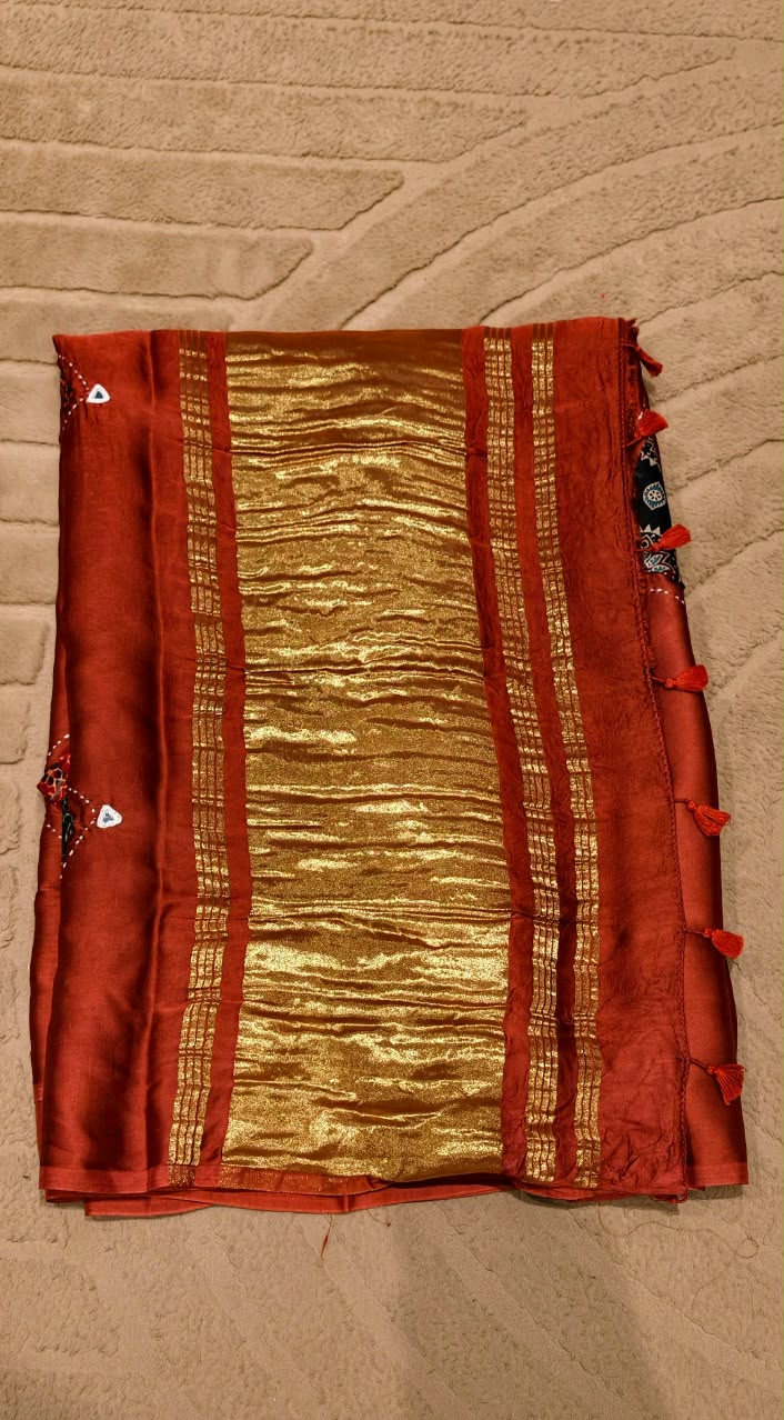Elegant Mural Satin Saree with Artisanal Patchwork Detailing & Unstitched Blouse-16647