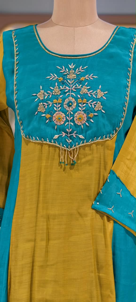 Surat Mul-Chanderi Zardozi Embroidered Yoke Contrast Shade Aline Full Suit Set With Dupatta- 16713