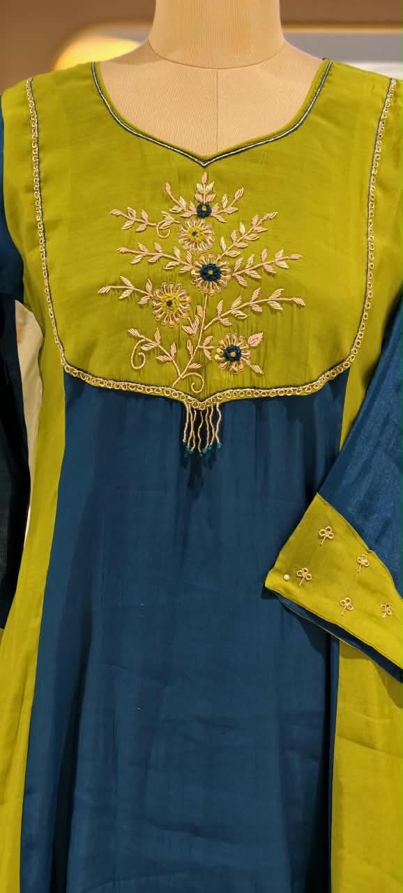Dual Shade Aline Surat Mul-Chanderi Embroidered Yoke Full Suit Set With Dupatta- 16714