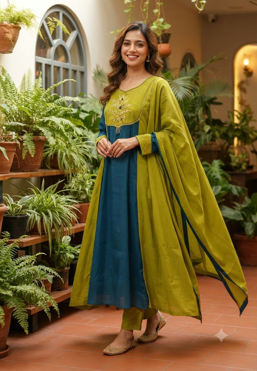 Dual Shade Aline Surat Mul-Chanderi Embroidered Yoke Full Suit Set With Dupatta- 16714