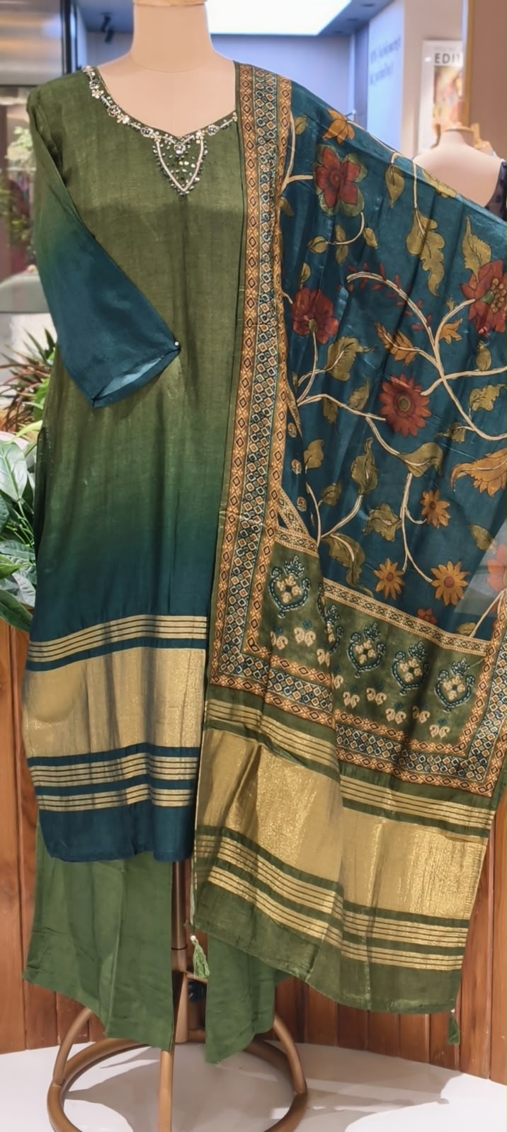 Dual Tone Minimal Embroidery Golden Outlines Russian Silk Full Suit Set With Dupatta- 16715