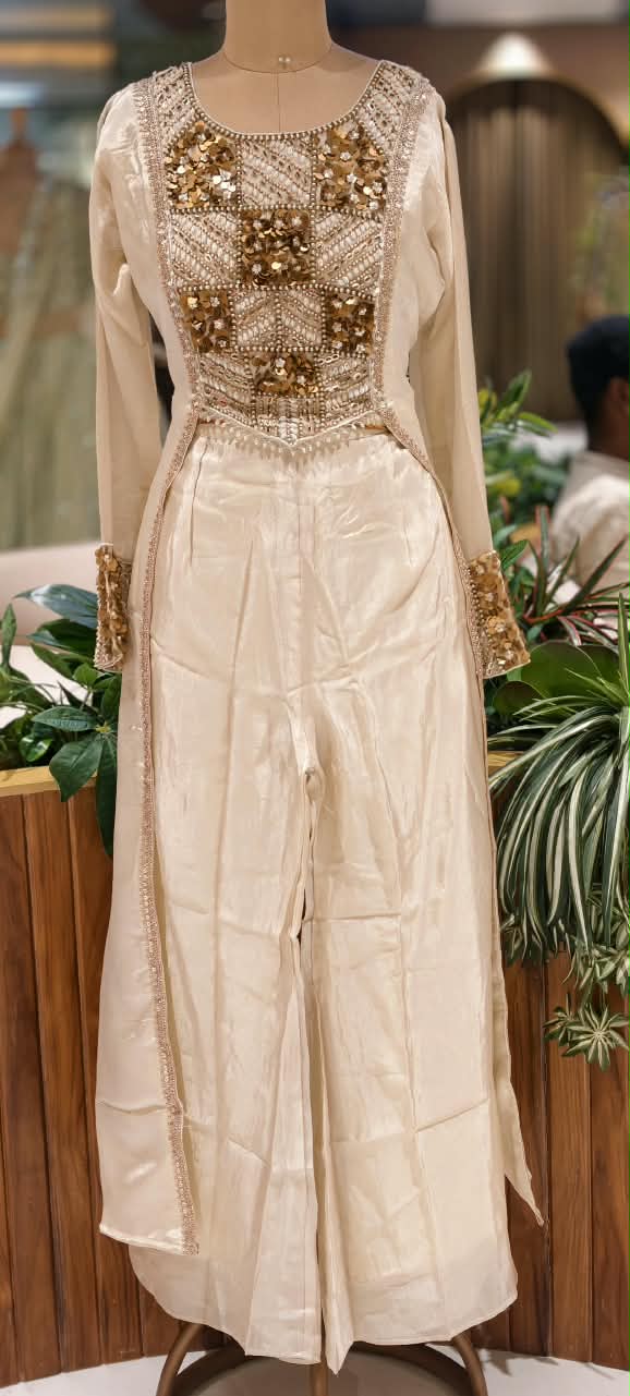 Embroidered Yoke Stylish Sleeves Tissue Fabric Indo-Western Top With Loose Bottom- 16726