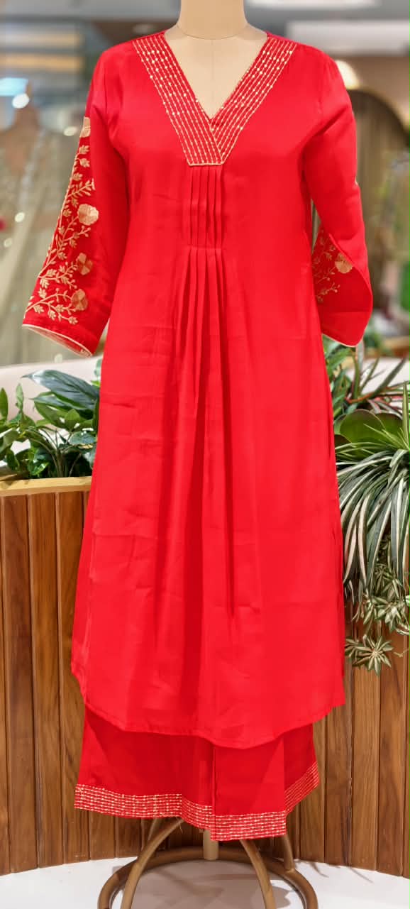 Thread Embroidered Sleeves V-Neck Green Red Shade Surat Mul-Chanderi Aline Full Suit Set- 16629 16630