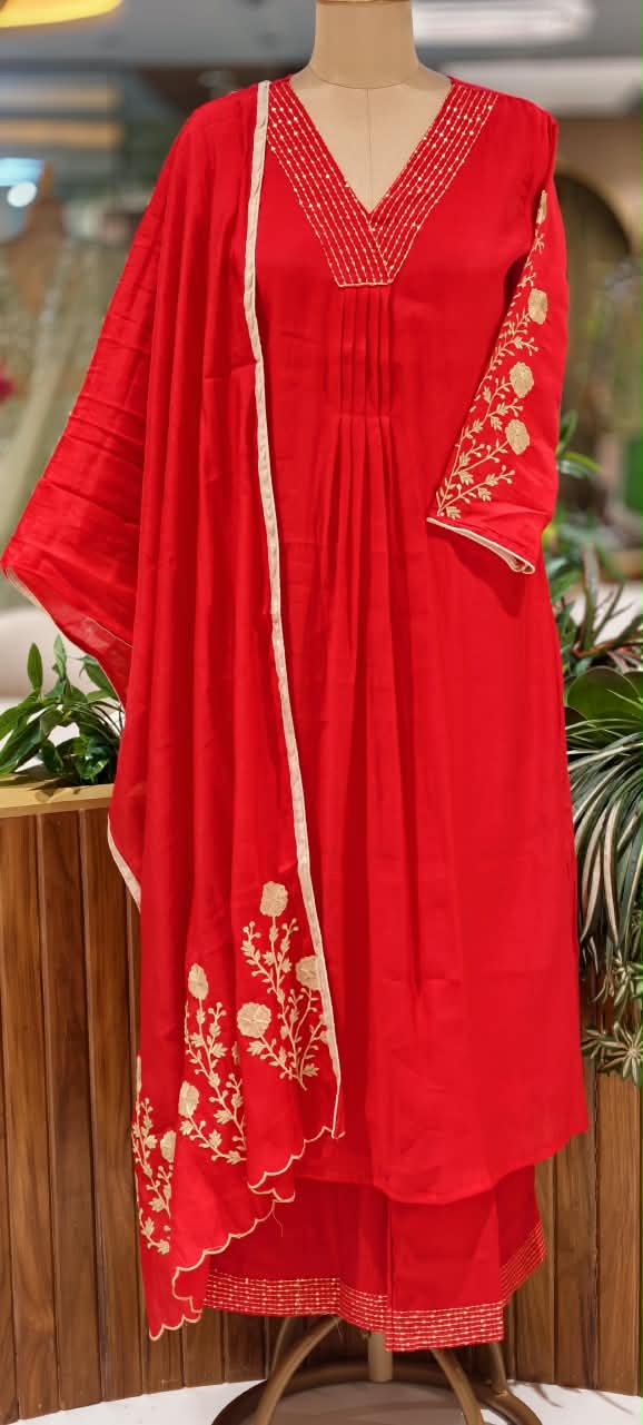 Thread Embroidered Sleeves V-Neck Green Red Shade Surat Mul-Chanderi Aline Full Suit Set- 16629 16630