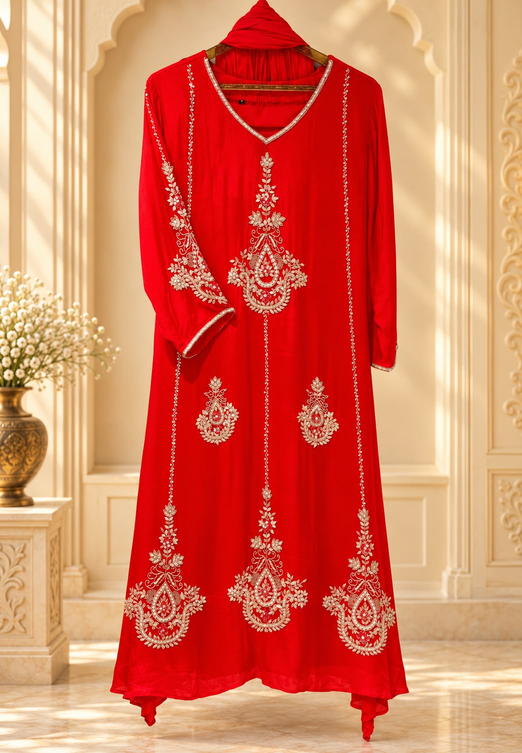 Vibrant Chinon Kalidar A-Line Full Suit Set Featuring Vertical Embroidered Panels & Paisley Motif Work- 16569