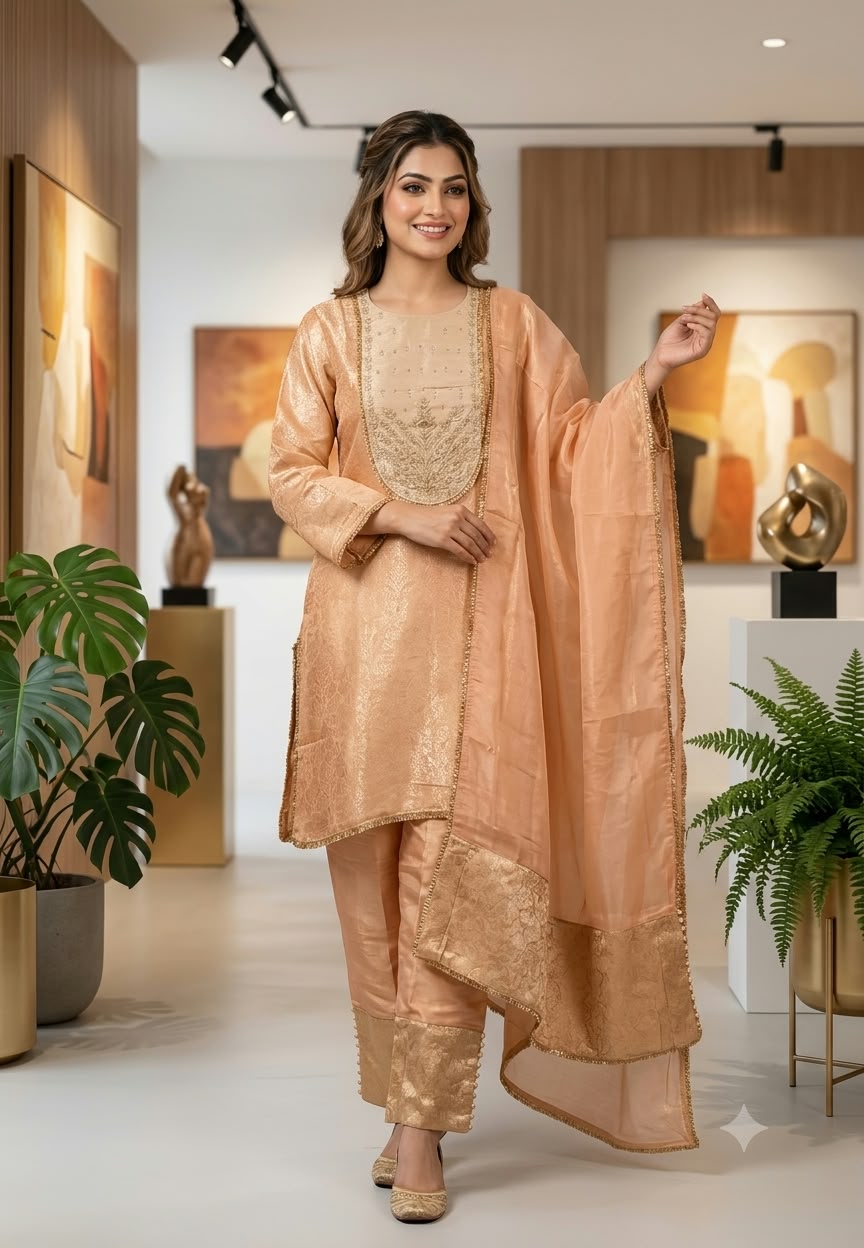 Tissue Brocade U-Yoke Zardosi Hand-Touch Short Length Kurta With Golden Lace Detailing Matching Bottom & Dupatta- 16595