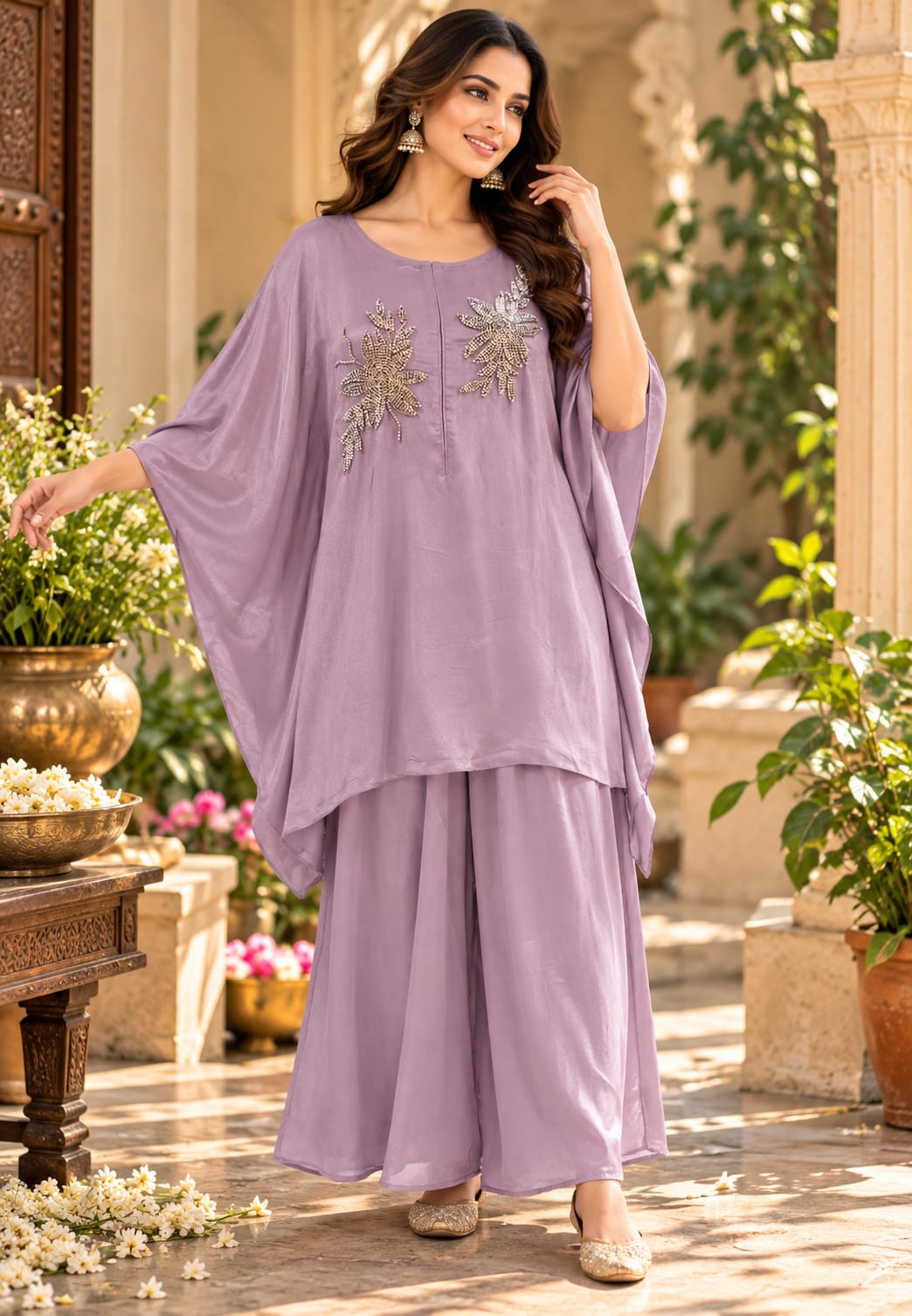 Chinon Metallic 3D Embroidered Kaftan with Inner and Matching Bottom- 16465