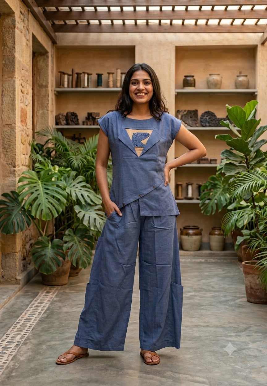 Stylish High-Low Front Flap Handloom Cotton Cut-Dana Embroidered Matching Co-Ord Set- 16706