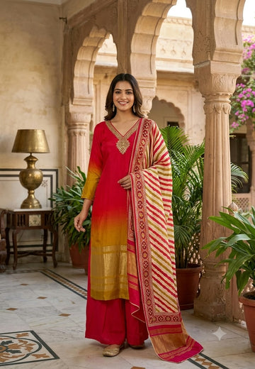 Mirror Embroidered Neck Dual Tone Russian Silk Zari Border Full Suit Set with Ikkat Dupatta- 16710