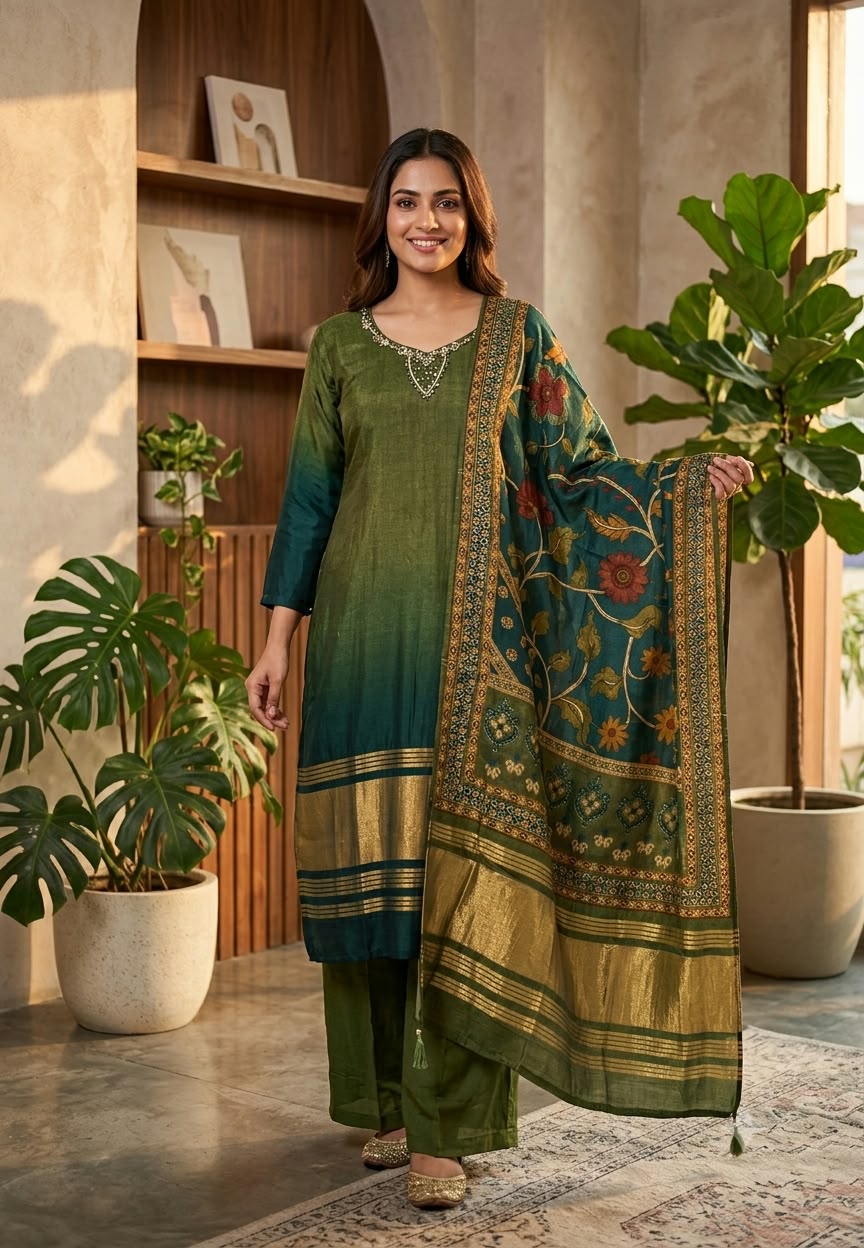 Dual Tone Minimal Embroidery Golden Outlines Russian Silk Full Suit Set With Dupatta- 16715