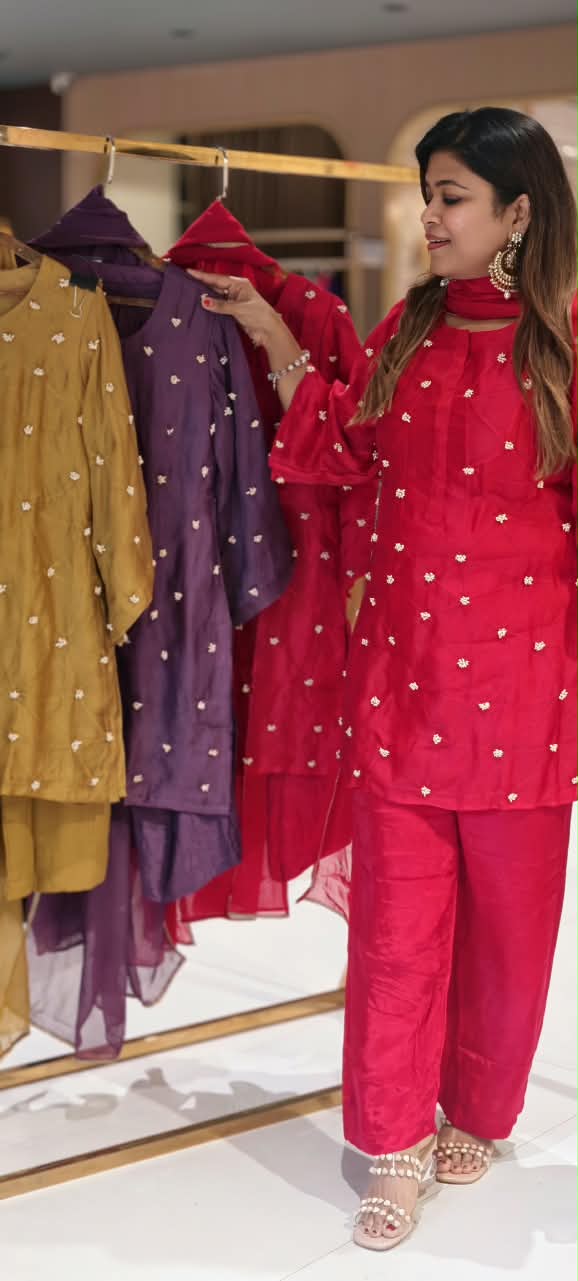 Designer Pure Organza Scattered Pearl Jewel Work Detailing Kurta with Bottom and Dupatta- 16728