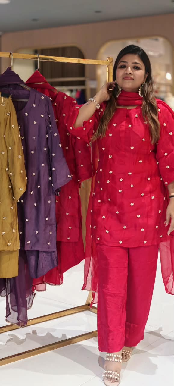 Designer Pure Organza Scattered Pearl Jewel Work Detailing Kurta with Bottom and Dupatta- 16728