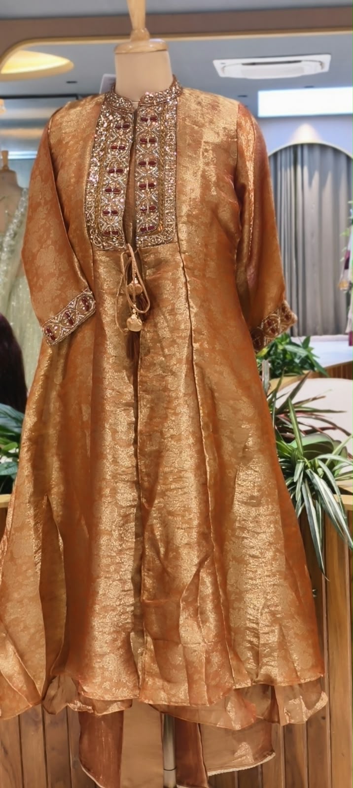 Copper-Gold Embellished Neckline & Cuff Sheer Layered Tissue Kurta Pant Set- 16742