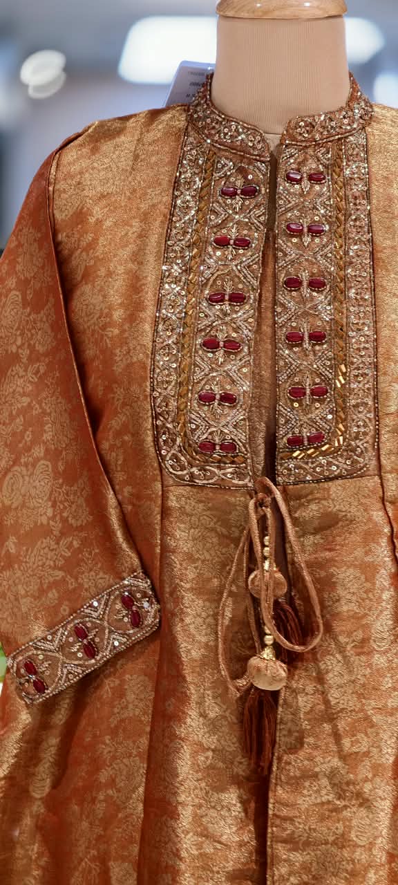 Copper-Gold Embellished Neckline & Cuff Sheer Layered Tissue Kurta Pant Set- 16742